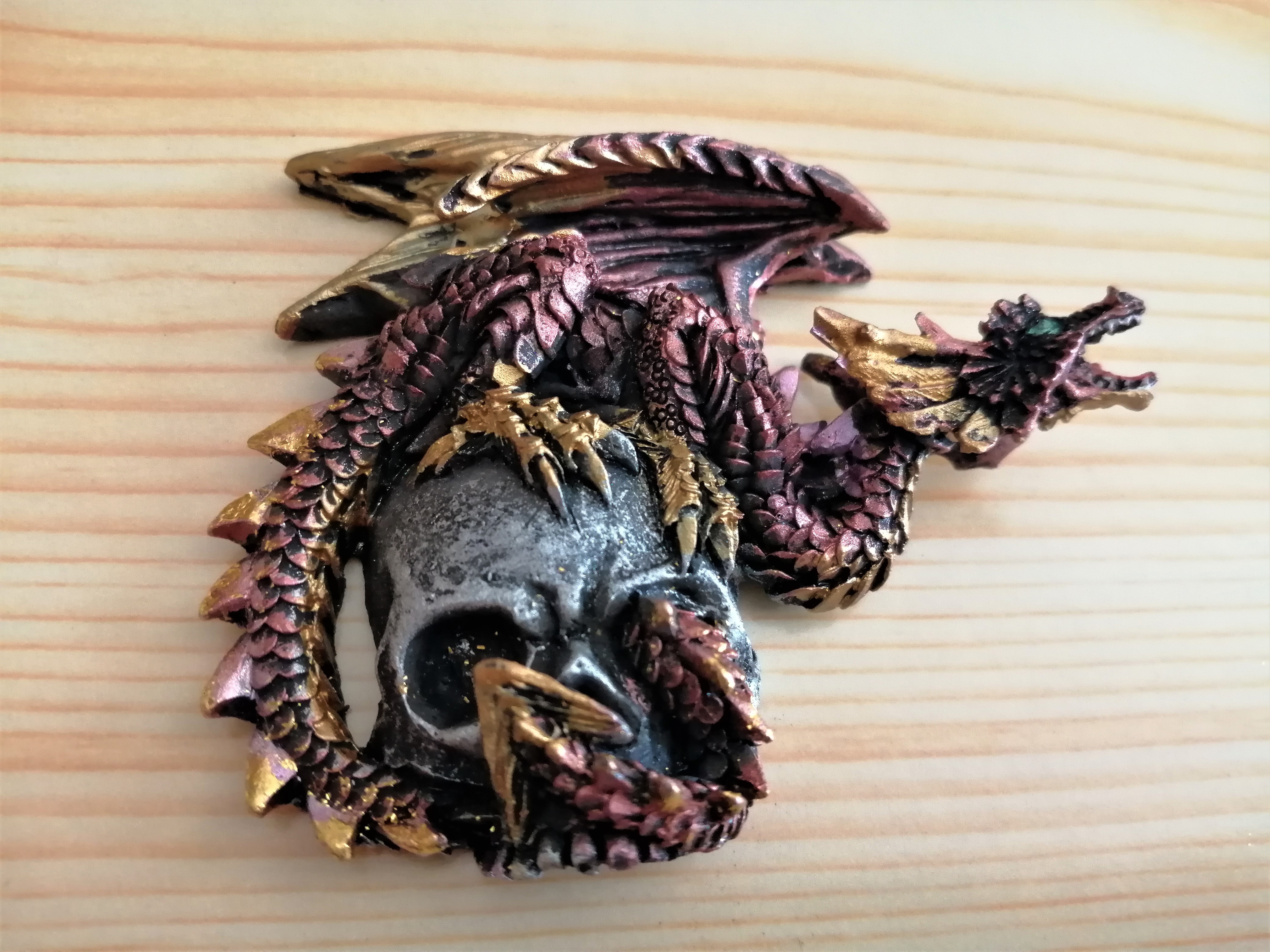 Pink-Copper Dragon on Skull Fridge Magnet